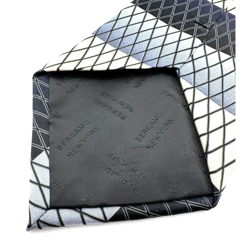 BERGAMO Pure Silk Tie‎ Wide Striped Black & Steel Blue Geometric Vintage
